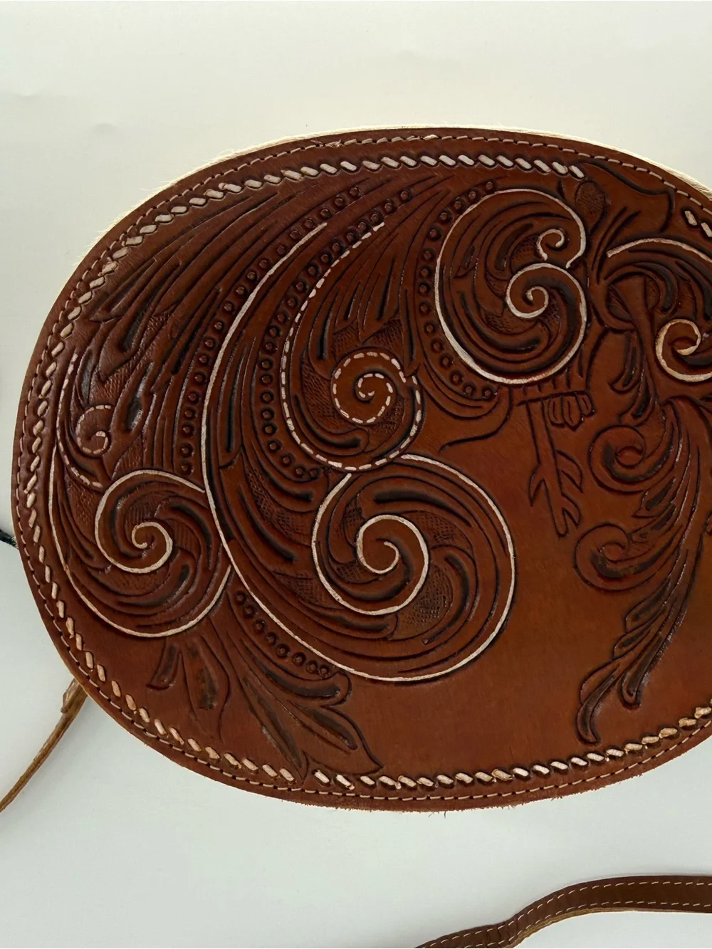 Myra Bag Brown Leather Round Crossbody with Tooled Detail